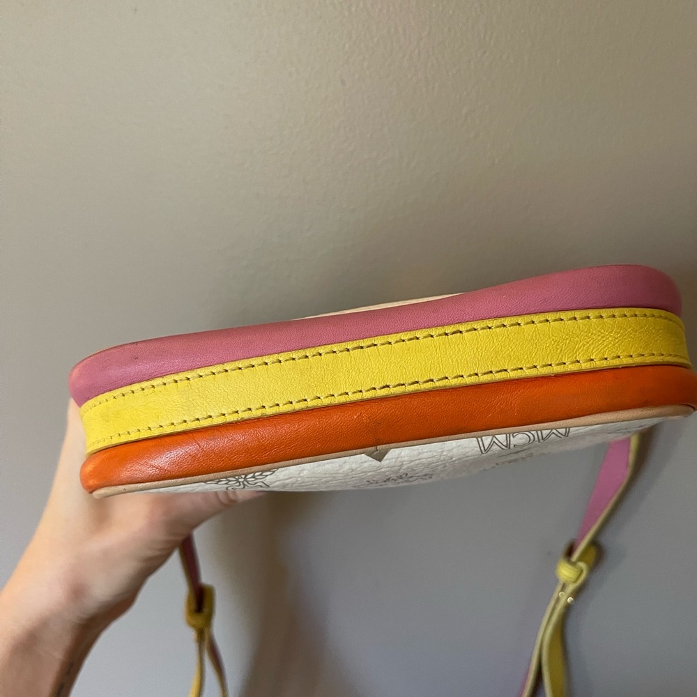 MCM Visetos Small Mini TwoWay Crossbody Leather Zip Bag Pink White Yellow Orange - Picture 6 of 9